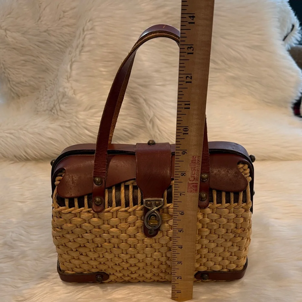 Vintage Straw Basket Handbag Leather Top Handle Metal Detail Cottagecor